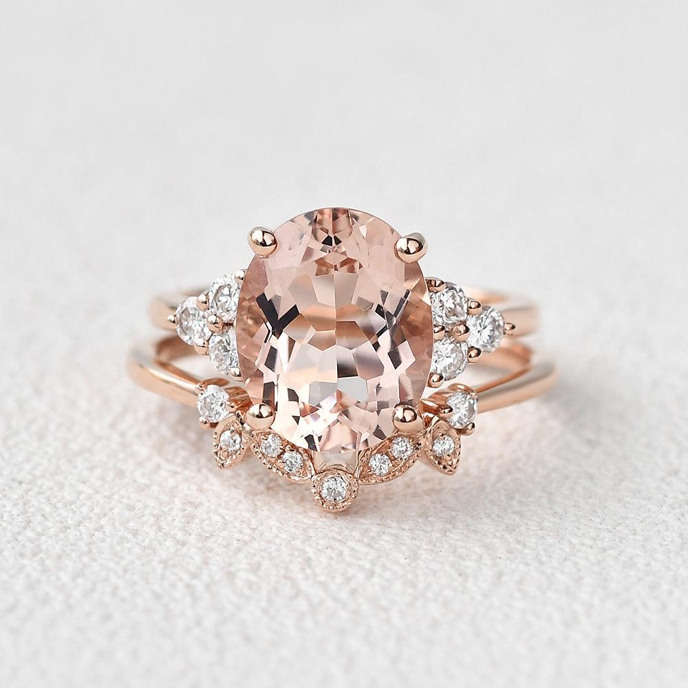 3.0ct Oval Cut Peachy Morganite Rose Gold Ring Set 2pcs - Felicegals 丨Wedding ring 丨Fashion ring 丨Diamond ring 丨Gemstone ring--Felicegals 丨Wedding ring 丨Fashion ring 丨Diamond ring 丨Gemstone ring