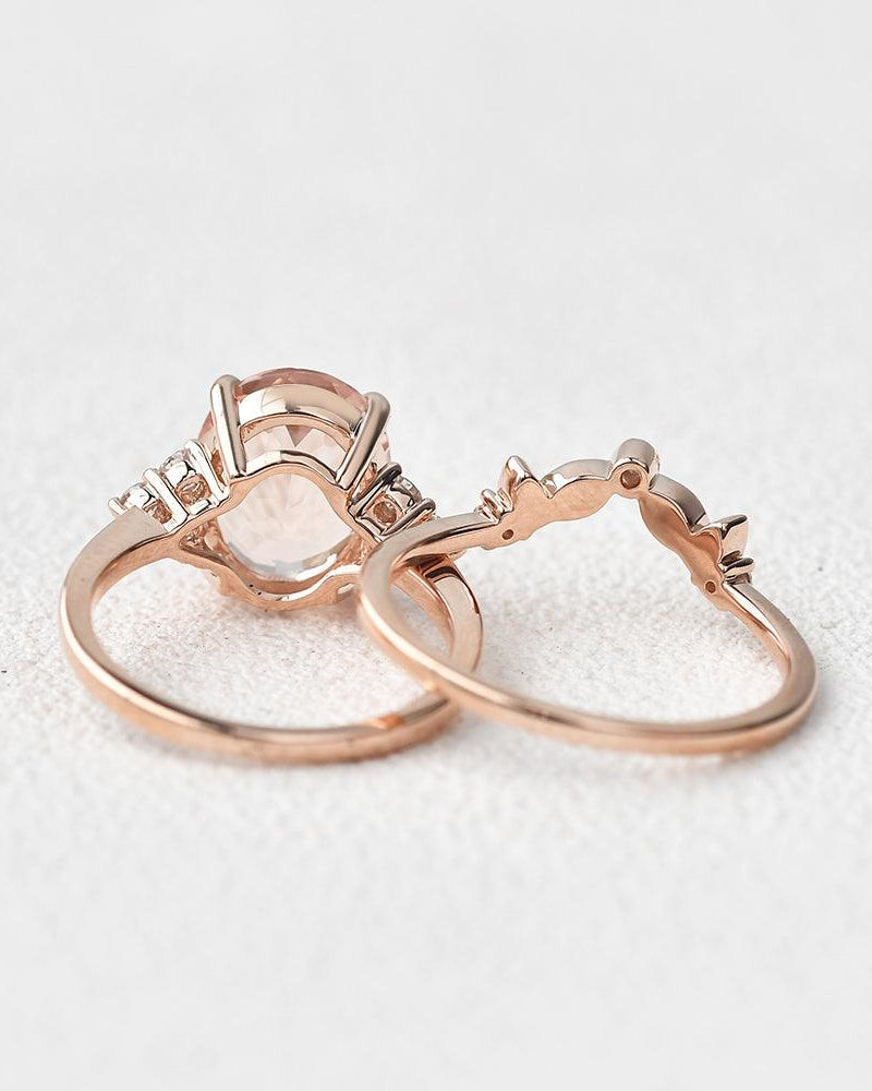 3.0ct Oval Cut Peachy Morganite Rose Gold Ring Set 2pcs - Felicegals 丨Wedding ring 丨Fashion ring 丨Diamond ring 丨Gemstone ring--Felicegals 丨Wedding ring 丨Fashion ring 丨Diamond ring 丨Gemstone ring