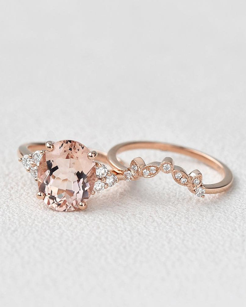 3.0ct Oval Cut Peachy Morganite Rose Gold Ring Set 2pcs - Felicegals 丨Wedding ring 丨Fashion ring 丨Diamond ring 丨Gemstone ring--Felicegals 丨Wedding ring 丨Fashion ring 丨Diamond ring 丨Gemstone ring