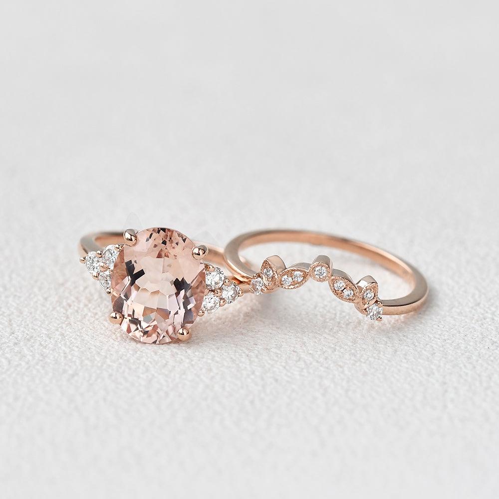 3.0ct Oval Cut Peachy Morganite Rose Gold Ring Set 2pcs - Felicegals 丨Wedding ring 丨Fashion ring 丨Diamond ring 丨Gemstone ring--Felicegals 丨Wedding ring 丨Fashion ring 丨Diamond ring 丨Gemstone ring