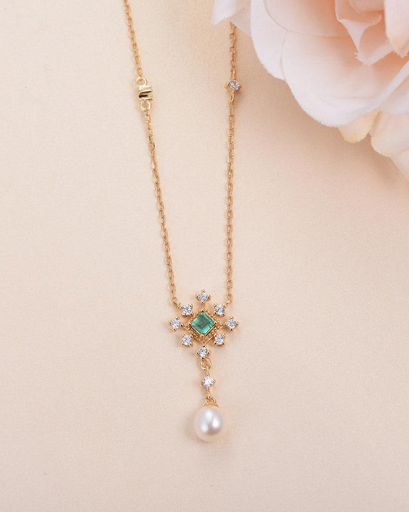 Natural Emerald & Pearl & Moissanite Rose Gold Necklace - Felicegals 丨Wedding ring 丨Fashion ring 丨Diamond ring 丨Gemstone ring--Felicegals