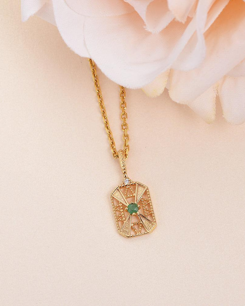 Vintage Inspired Natural Emerald Yellow Gold Necklace - Felicegals 丨Wedding ring 丨Fashion ring 丨Diamond ring 丨Gemstone ring--Felicegals