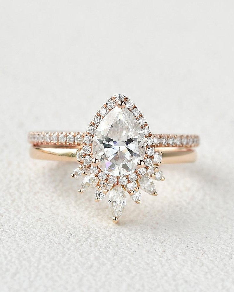 Moissanite Pear Cut Halo White Gold Ring Set 2pcs - Felicegals 丨Wedding ring 丨Fashion ring 丨Diamond ring 丨Gemstone ring--Felicegals
