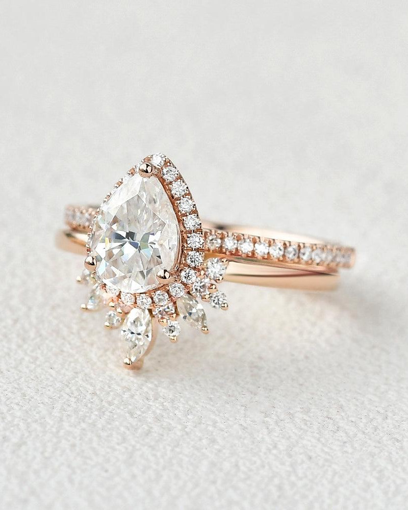 Moissanite Pear Cut Halo White Gold Ring Set 2pcs - Felicegals 丨Wedding ring 丨Fashion ring 丨Diamond ring 丨Gemstone ring--Felicegals