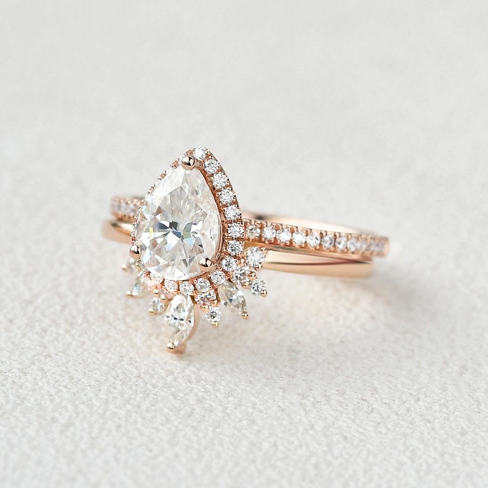 Moissanite Pear Cut Halo White Gold Ring Set 2pcs - Felicegals 丨Wedding ring 丨Fashion ring 丨Diamond ring 丨Gemstone ring--Felicegals