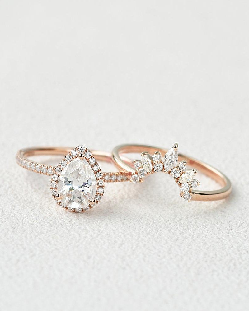 Moissanite Pear Cut Halo White Gold Ring Set 2pcs - Felicegals 丨Wedding ring 丨Fashion ring 丨Diamond ring 丨Gemstone ring--Felicegals
