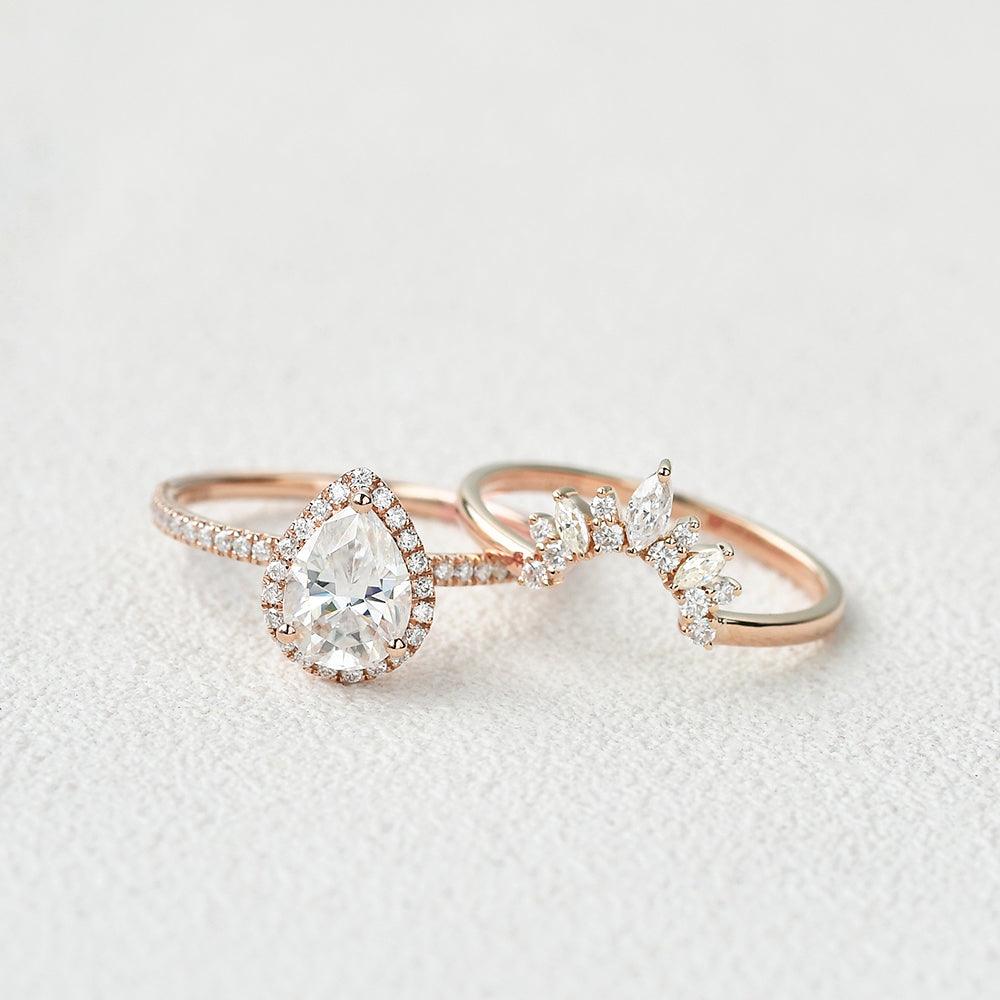 Moissanite Pear Cut Halo White Gold Ring Set 2pcs - Felicegals 丨Wedding ring 丨Fashion ring 丨Diamond ring 丨Gemstone ring--Felicegals