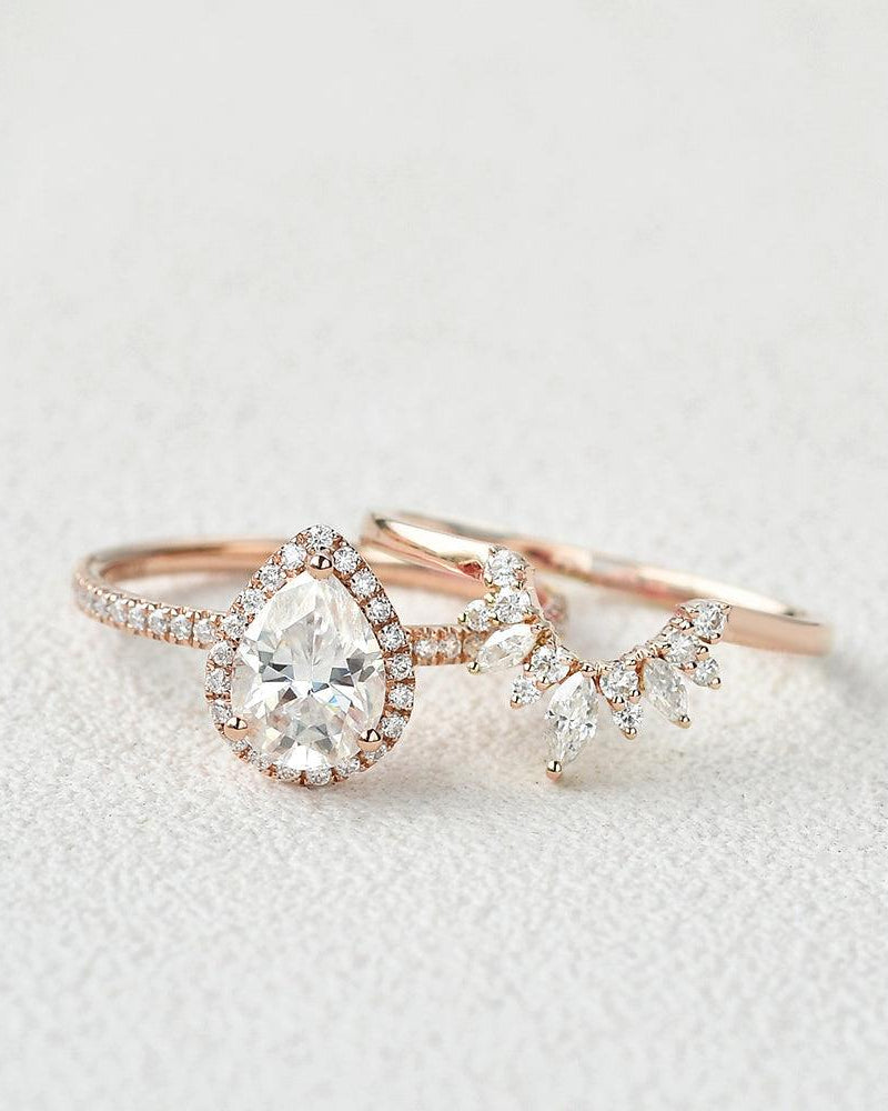 Moissanite Pear Cut Halo White Gold Ring Set 2pcs - Felicegals 丨Wedding ring 丨Fashion ring 丨Diamond ring 丨Gemstone ring--Felicegals