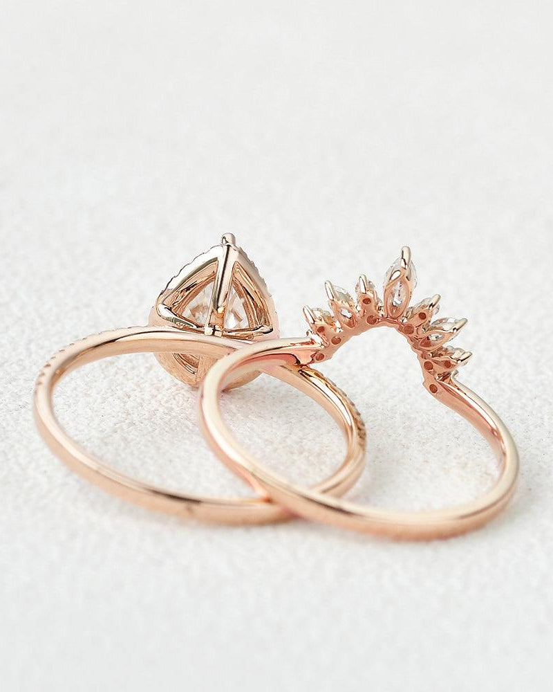 Moissanite Pear Cut Halo White Gold Ring Set 2pcs - Felicegals 丨Wedding ring 丨Fashion ring 丨Diamond ring 丨Gemstone ring--Felicegals