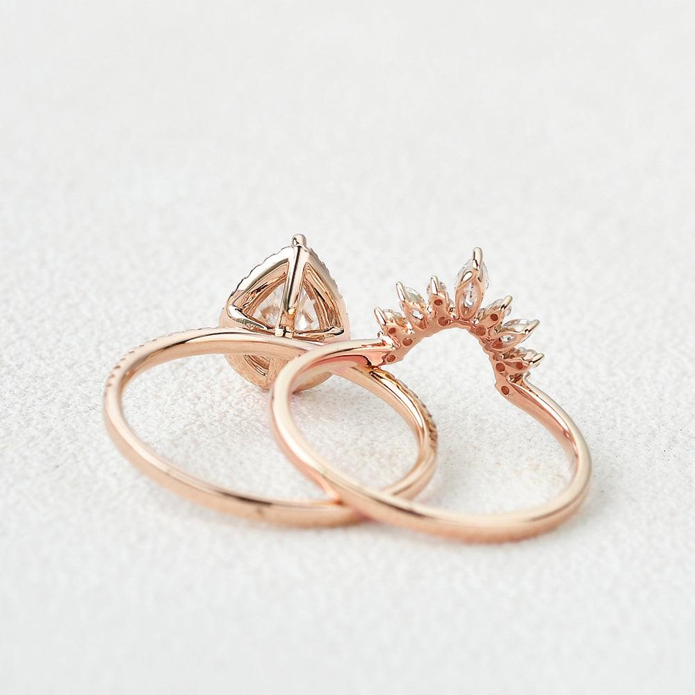 Moissanite Pear Cut Halo White Gold Ring Set 2pcs - Felicegals 丨Wedding ring 丨Fashion ring 丨Diamond ring 丨Gemstone ring--Felicegals