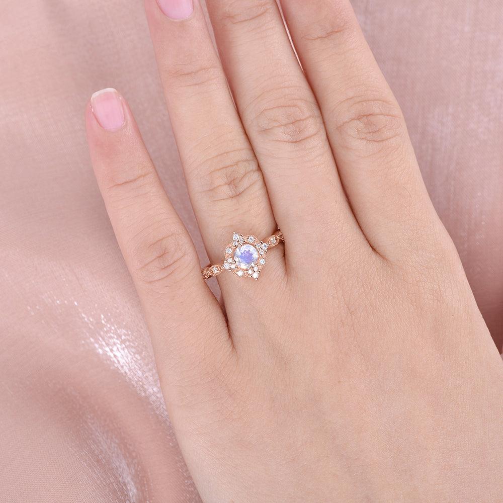 Moonstone & Moissanite Rose Gold Art Deco Ring - Felicegals