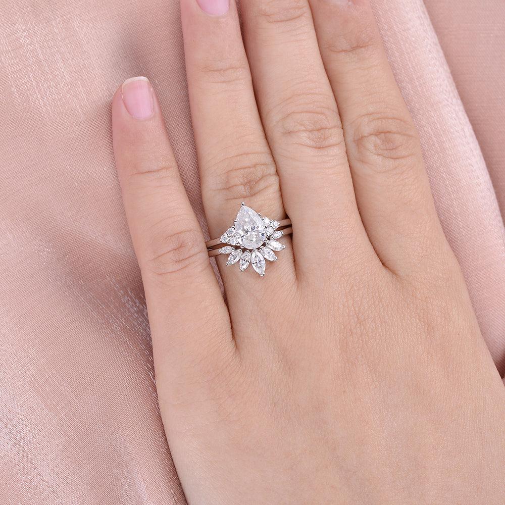 Pear Shaped Moissanite Rose Gold Cluster Ring Set 2pcs - Felicegals