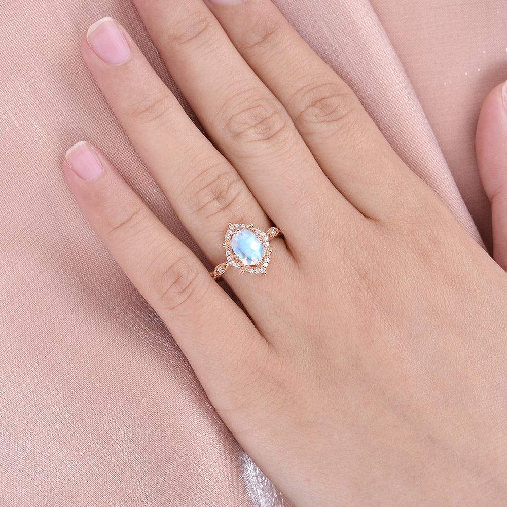 Moonstone & Moissanite Rose Gold Halo Ring - Felicegals