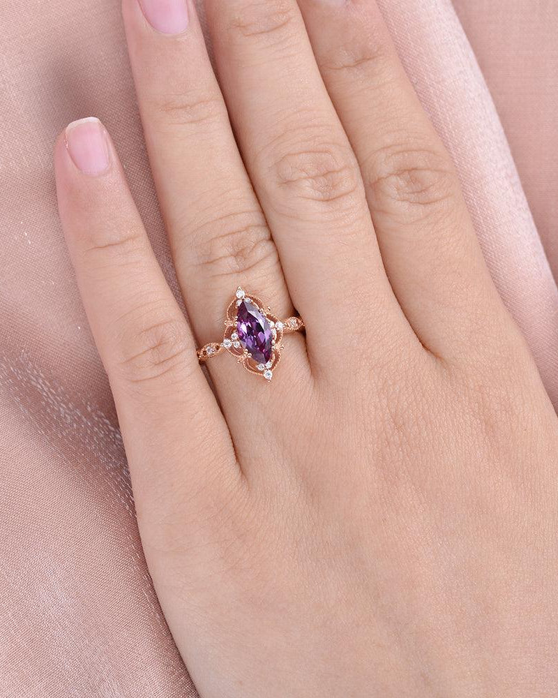 Marquise Cut Lab Alexandrite Art Deco Ring - Felicegals