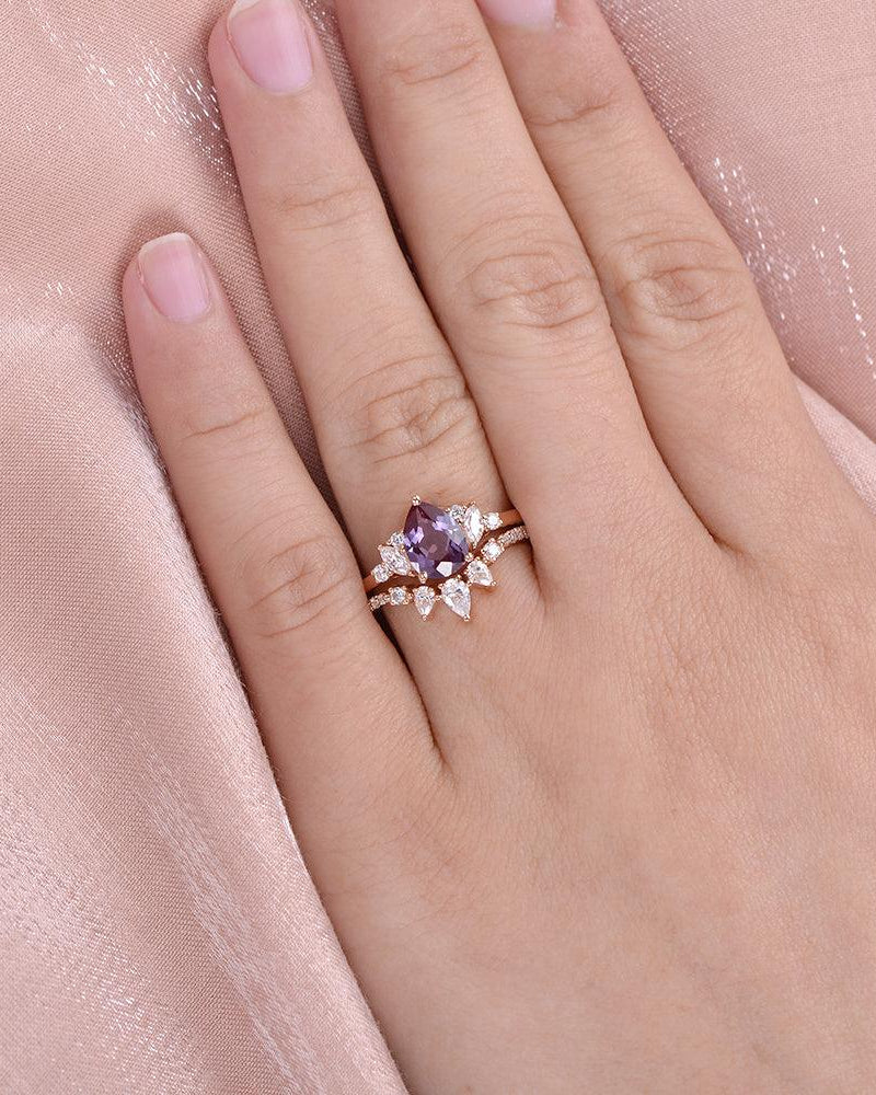 Lab Alexandrite & Moissanite Rose Gold Ring Set 2pcs - Felicegals