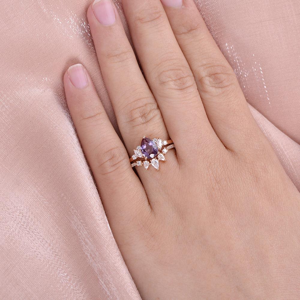 Lab Alexandrite & Moissanite Rose Gold Ring Set 2pcs - Felicegals