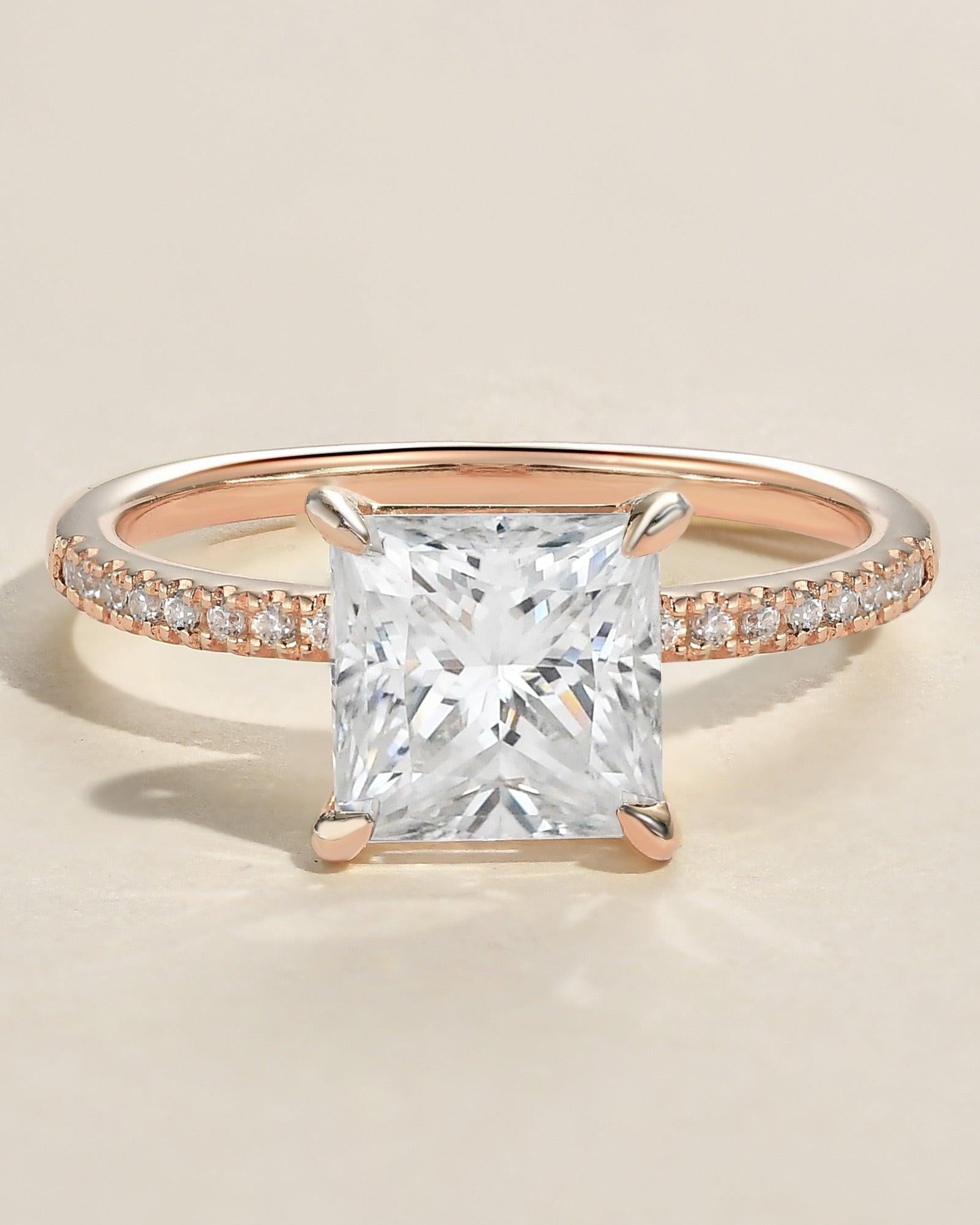 1.0ct Princess Cut Moissanite Pave Solitaire Ring - Felicegals 丨Wedding ring 丨Fashion ring 丨Diamond ring 丨Gemstone ring