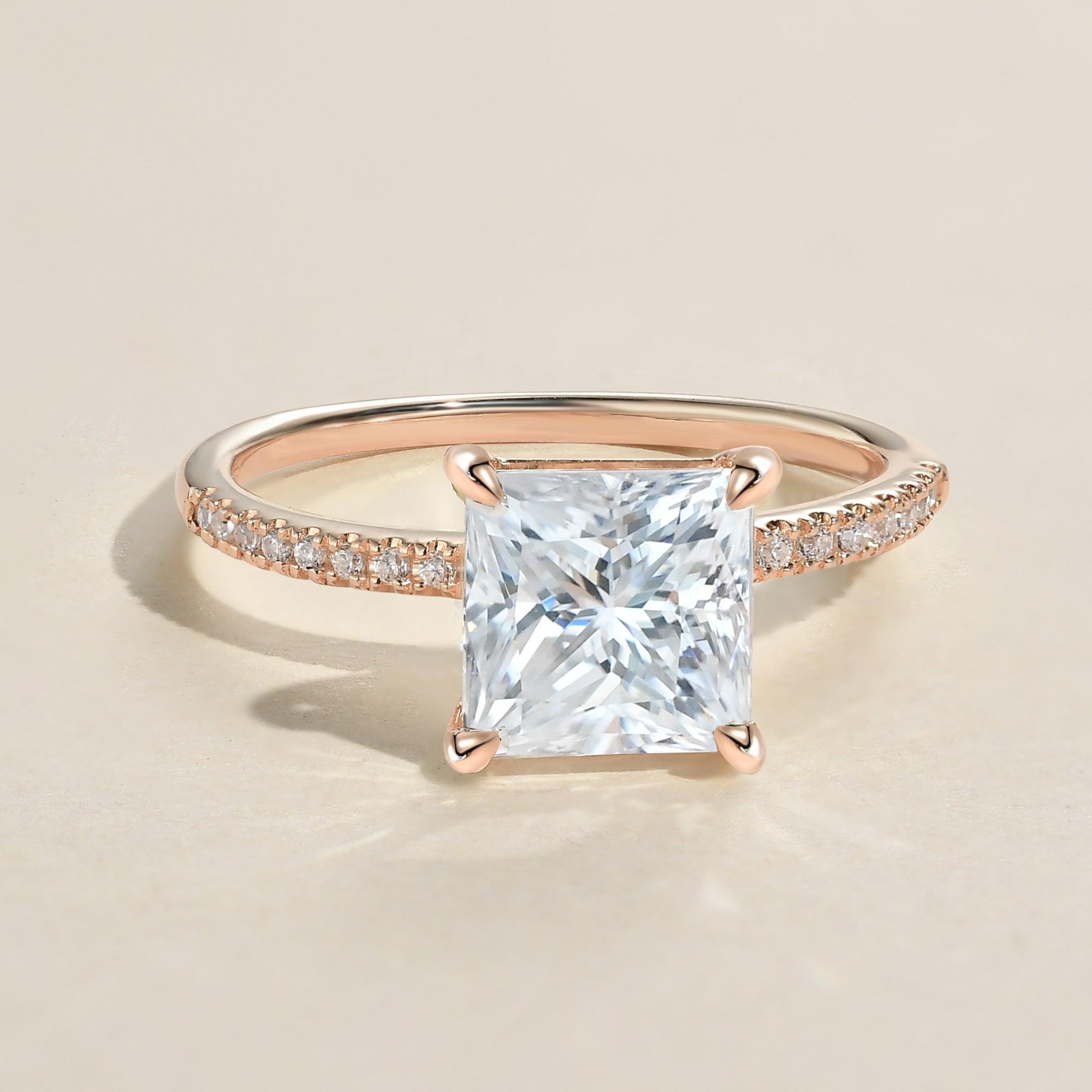 1.0ct Princess Cut Moissanite Pave Solitaire Ring - Felicegals 丨Wedding ring 丨Fashion ring 丨Diamond ring 丨Gemstone ring