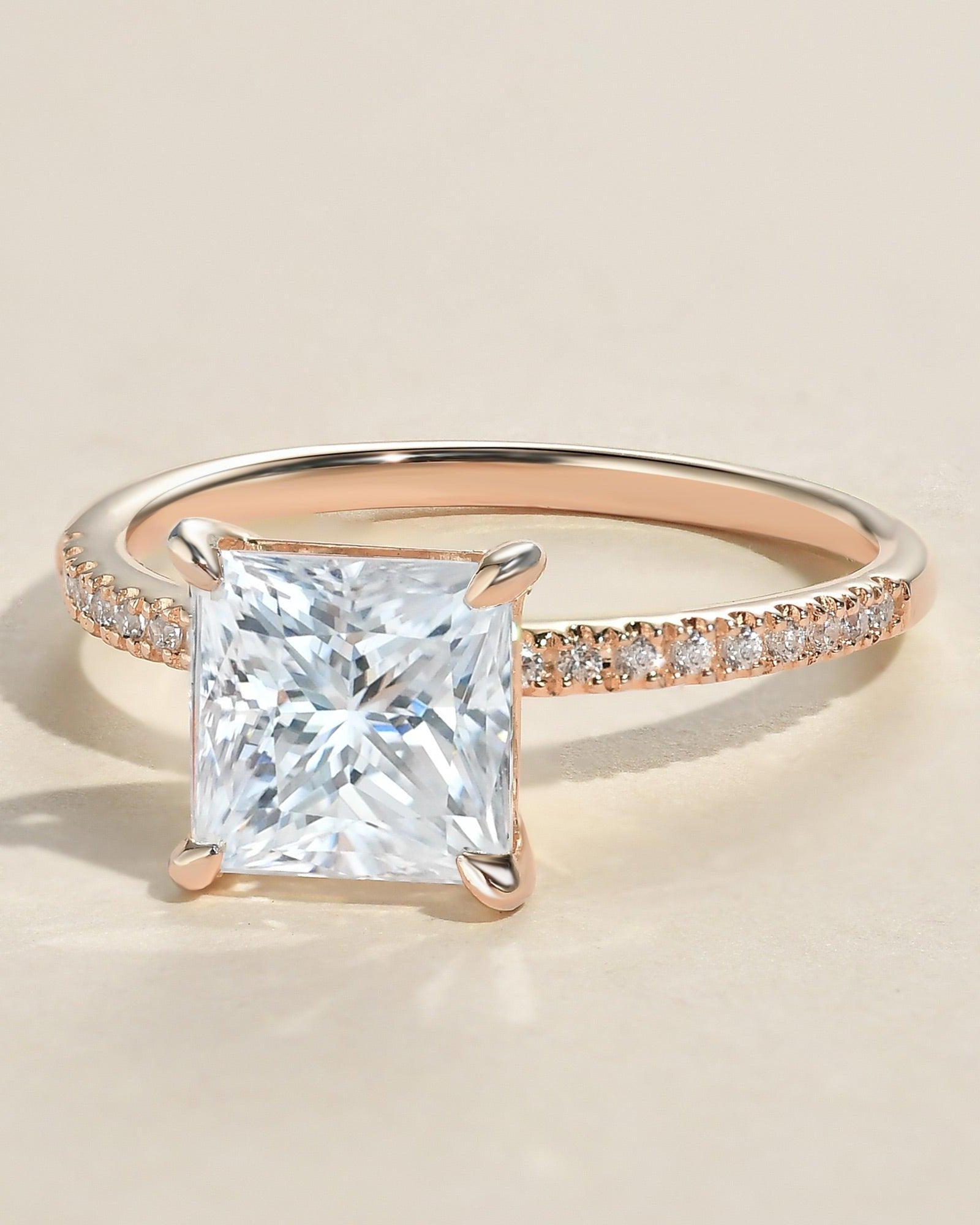 1.0ct Princess Cut Moissanite Pave Solitaire Ring - Felicegals 丨Wedding ring 丨Fashion ring 丨Diamond ring 丨Gemstone ring