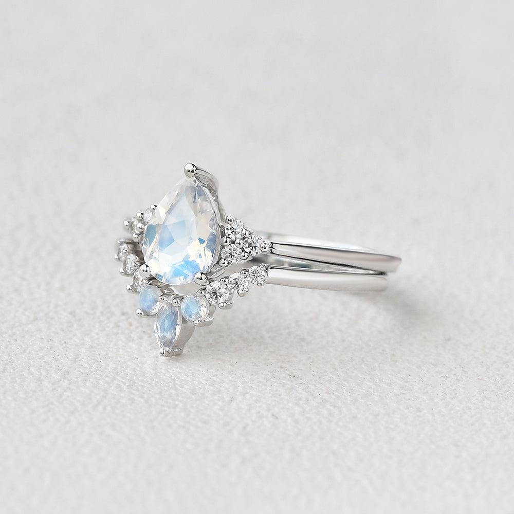 Pear Shaped Moonstone Vintage Inspired Ring Set 2pcs - Felicegals 丨Wedding ring 丨Fashion ring 丨Diamond ring 丨Gemstone ring--Felicegals 丨Wedding ring 丨Fashion ring 丨Diamond ring 丨Gemstone ring