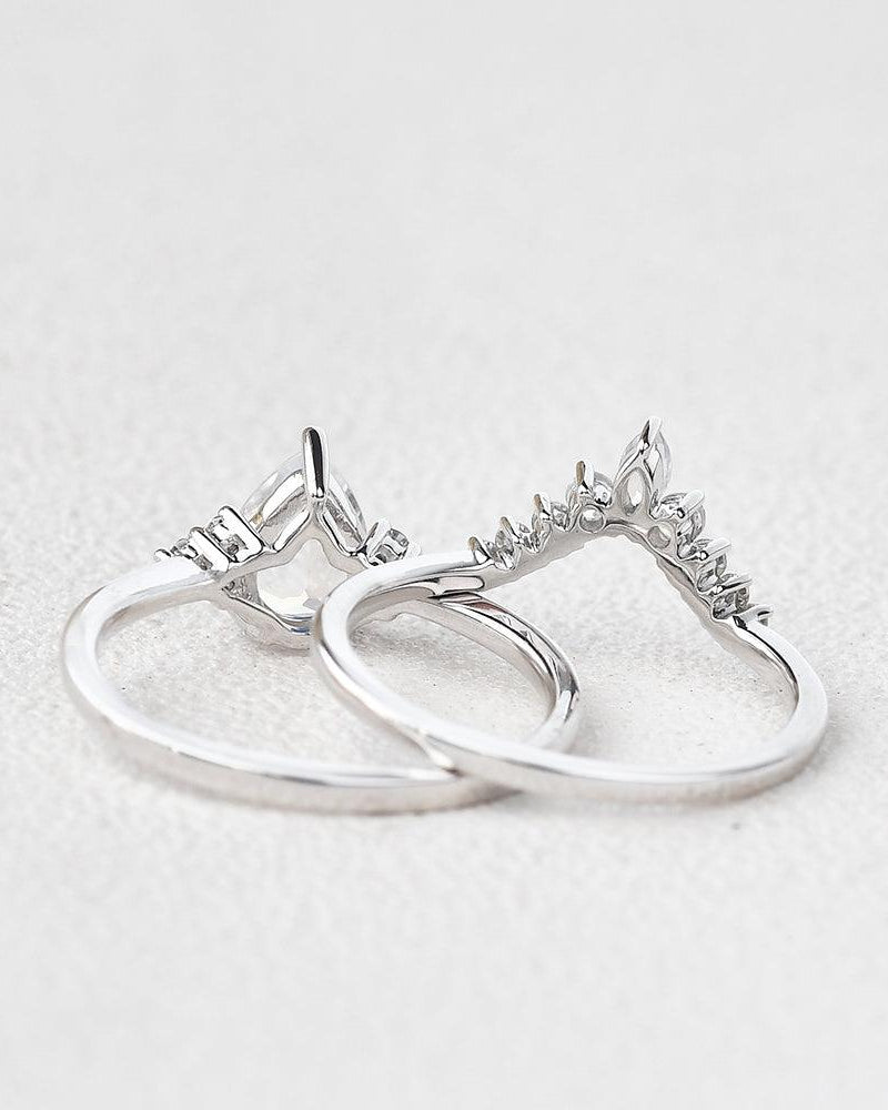 Pear Shaped Moonstone Vintage Inspired Ring Set 2pcs - Felicegals 丨Wedding ring 丨Fashion ring 丨Diamond ring 丨Gemstone ring--Felicegals 丨Wedding ring 丨Fashion ring 丨Diamond ring 丨Gemstone ring