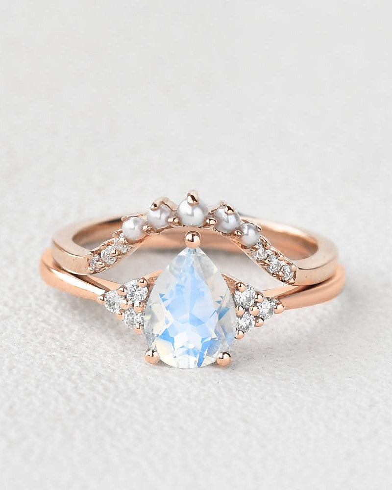 Pear Shaped Moonstone & Pearl Vintage Inspired Ring Set 2pcs - Felicegals 丨Wedding ring 丨Fashion ring 丨Diamond ring 丨Gemstone ring--Felicegals 丨Wedding ring 丨Fashion ring 丨Diamond ring 丨Gemstone ring