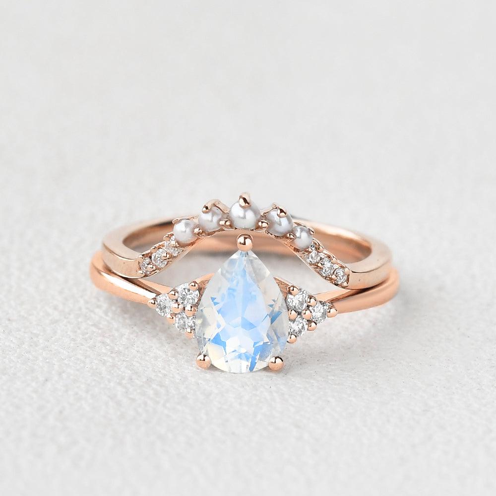 Pear Shaped Moonstone & Pearl Vintage Inspired Ring Set 2pcs - Felicegals 丨Wedding ring 丨Fashion ring 丨Diamond ring 丨Gemstone ring--Felicegals 丨Wedding ring 丨Fashion ring 丨Diamond ring 丨Gemstone ring