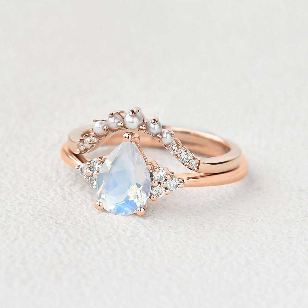 Pear Shaped Moonstone & Pearl Vintage Inspired Ring Set 2pcs - Felicegals 丨Wedding ring 丨Fashion ring 丨Diamond ring 丨Gemstone ring--Felicegals 丨Wedding ring 丨Fashion ring 丨Diamond ring 丨Gemstone ring