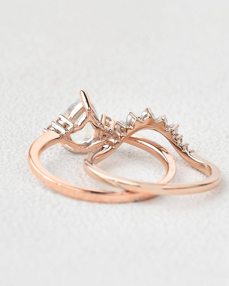 Pear Shaped Moonstone & Pearl Vintage Inspired Ring Set 2pcs - Felicegals 丨Wedding ring 丨Fashion ring 丨Diamond ring 丨Gemstone ring--Felicegals 丨Wedding ring 丨Fashion ring 丨Diamond ring 丨Gemstone ring