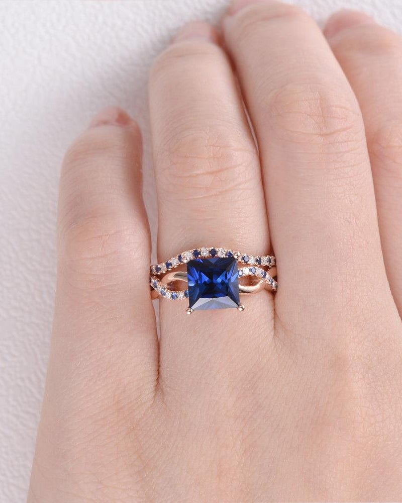 Bule Sapphire & Moissanite Retro Style Ring Set 2pcs - Felicegals