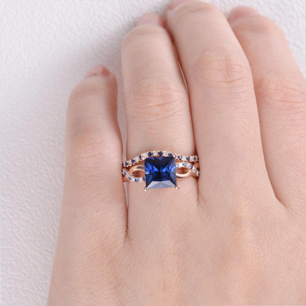 Bule Sapphire & Moissanite Retro Style Ring Set 2pcs - Felicegals