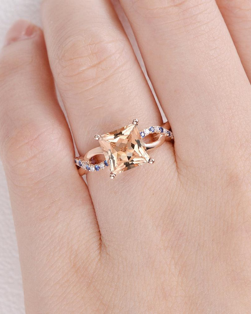 Princess Cut Morganite & Sapphire Infinity Rose Gold Ring - Felicegals 丨Wedding ring 丨Fashion ring 丨Diamond ring 丨Gemstone ring--Felicegals