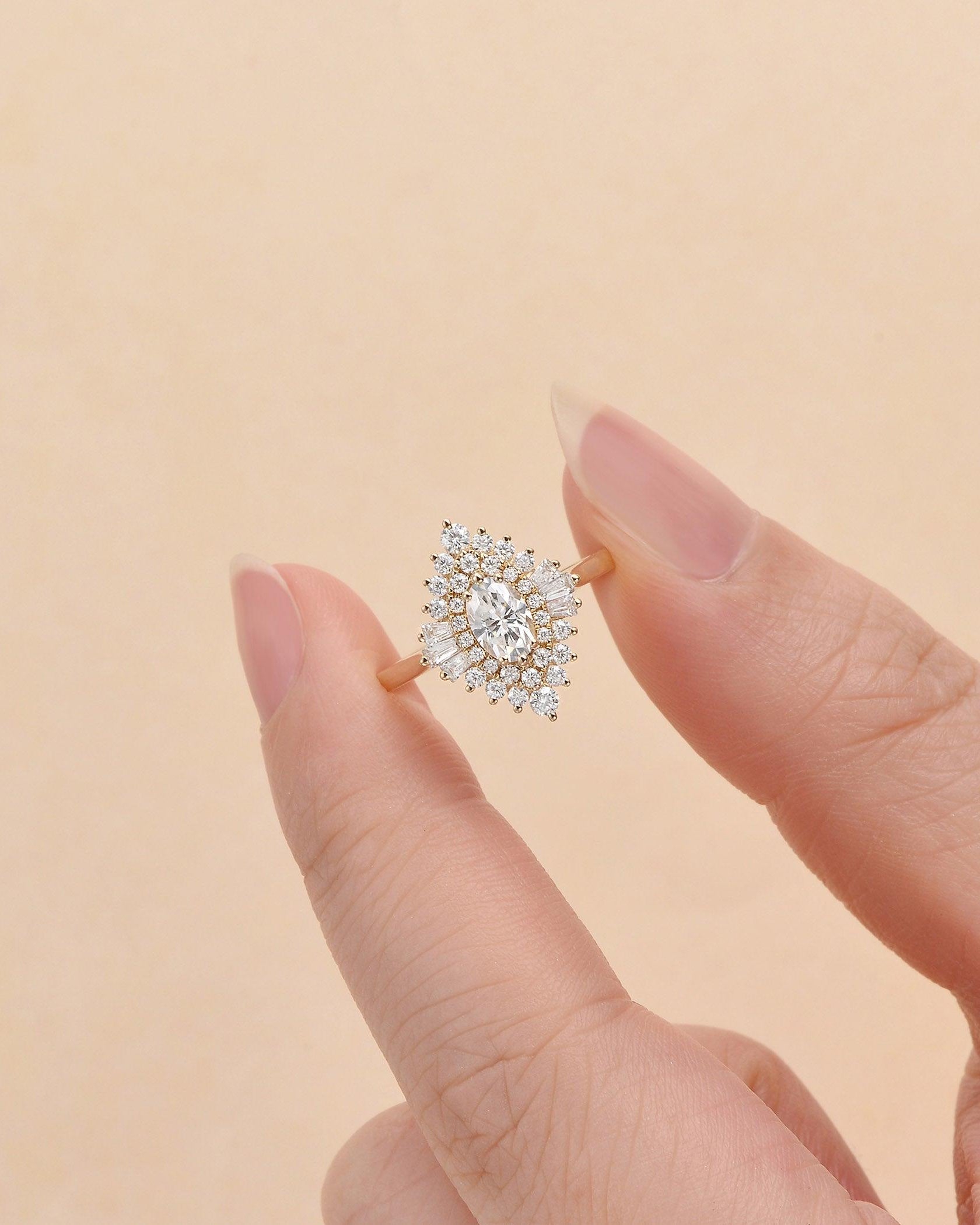 Art Deco Moissanite Stacking Halo Ring - Felicegals 丨Wedding ring 丨Fashion ring 丨Diamond ring 丨Gemstone ring