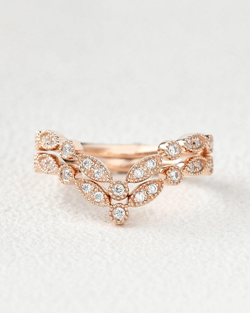 Moissanite Band V Shaped Rose Gold Ring Set 2pcs - Felicegals