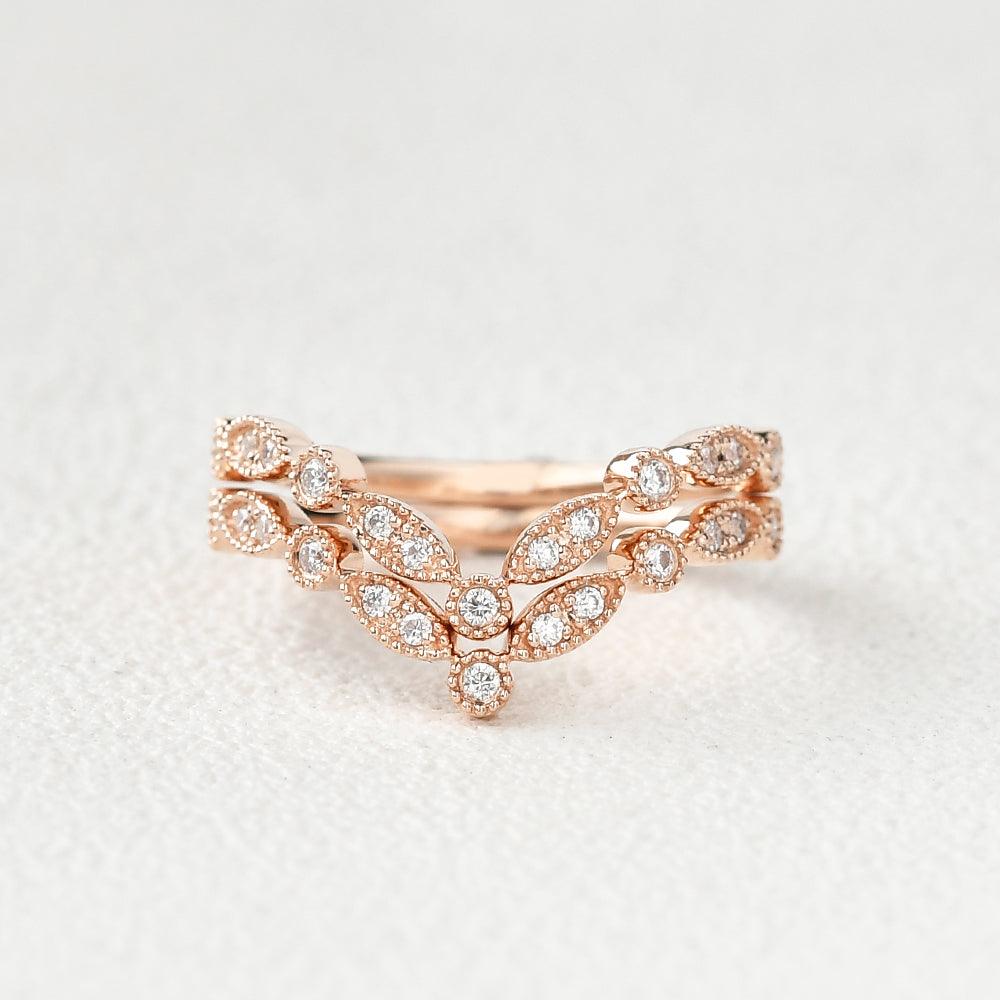 Moissanite Band V Shaped Rose Gold Ring Set 2pcs - Felicegals