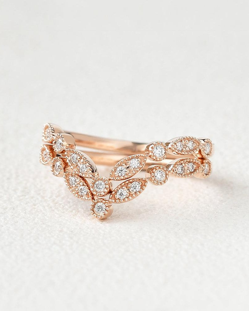 Moissanite Band V Shaped Rose Gold Ring Set 2pcs - Felicegals