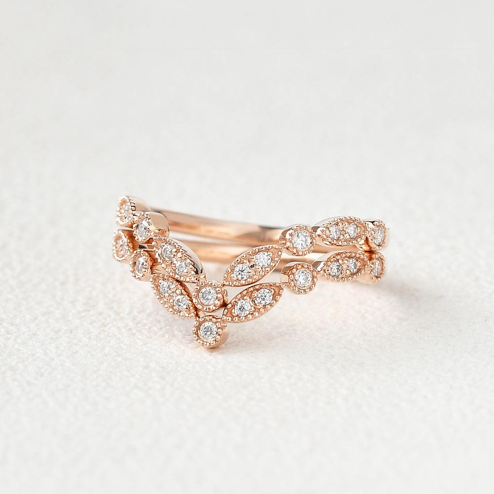Moissanite Band V Shaped Rose Gold Ring Set 2pcs - Felicegals