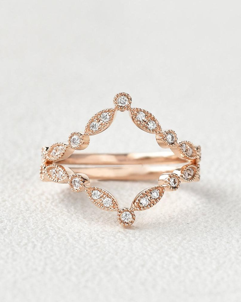 Moissanite Band V Shaped Rose Gold Ring Set 2pcs - Felicegals
