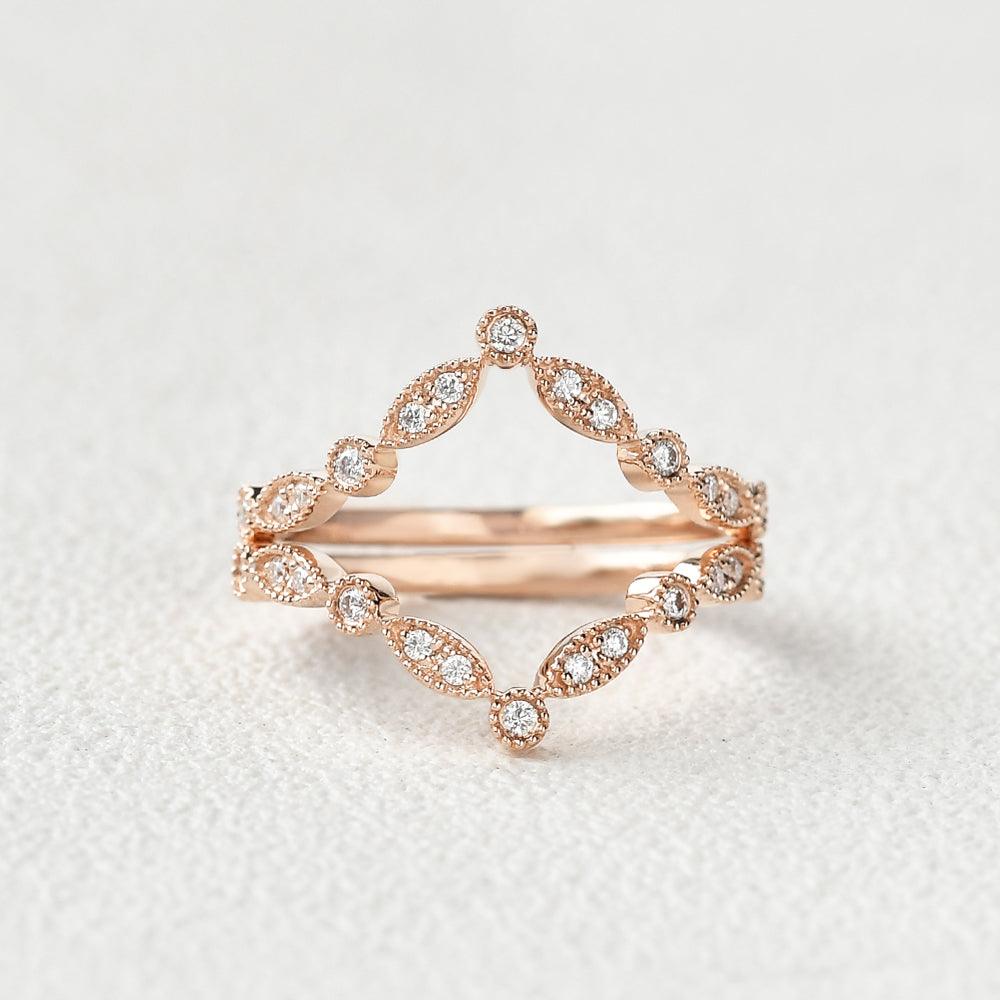 Moissanite Band V Shaped Rose Gold Ring Set 2pcs - Felicegals