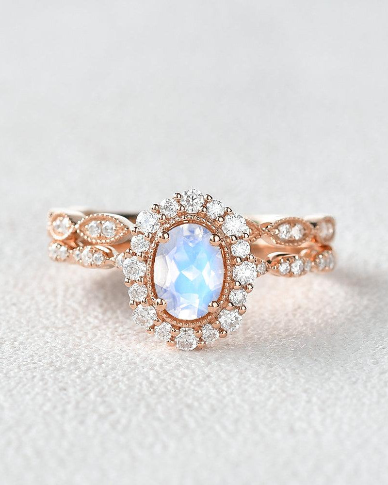 Felicegals Oval Cut Moonstone Art Deco Milgrain Ring Set 2pcs - Felicegals 丨Wedding ring 丨Fashion ring 丨Diamond ring 丨Gemstone ring--Felicegals