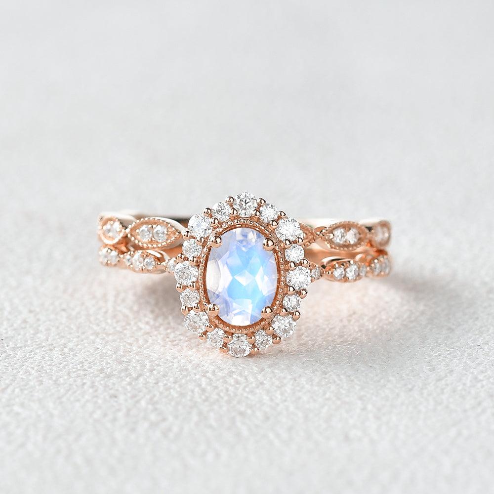 Felicegals Oval Cut Moonstone Art Deco Milgrain Ring Set 2pcs - Felicegals 丨Wedding ring 丨Fashion ring 丨Diamond ring 丨Gemstone ring--Felicegals