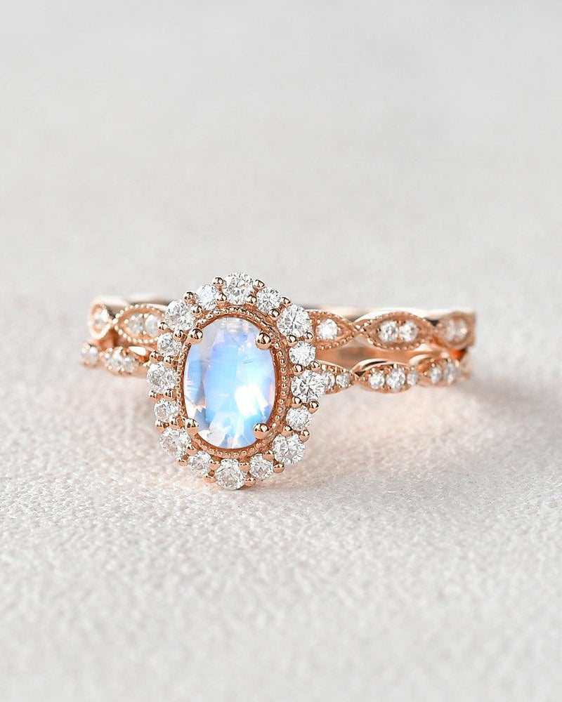 Felicegals Oval Cut Moonstone Art Deco Milgrain Ring Set 2pcs - Felicegals 丨Wedding ring 丨Fashion ring 丨Diamond ring 丨Gemstone ring--Felicegals