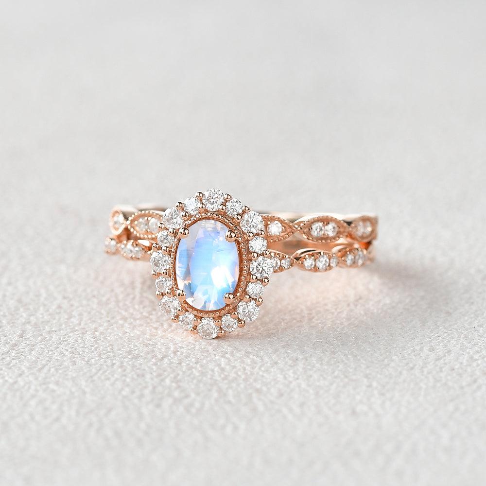 Felicegals Oval Cut Moonstone Art Deco Milgrain Ring Set 2pcs - Felicegals 丨Wedding ring 丨Fashion ring 丨Diamond ring 丨Gemstone ring--Felicegals
