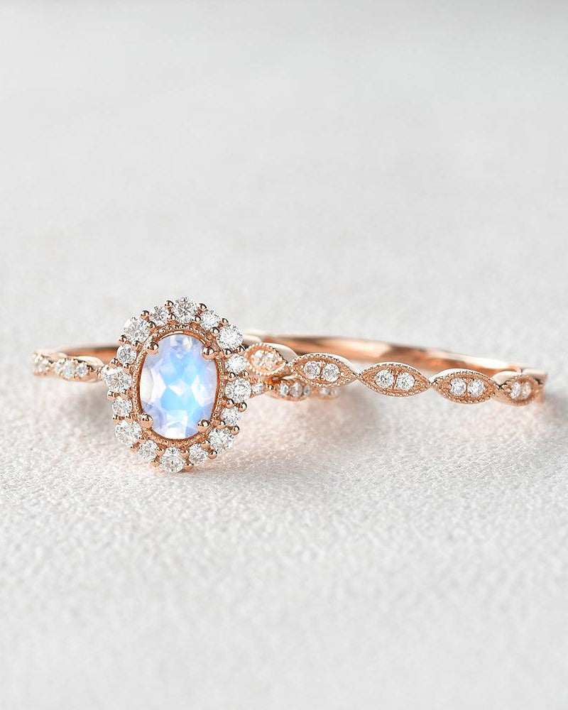 Felicegals Oval Cut Moonstone Art Deco Milgrain Ring Set 2pcs - Felicegals 丨Wedding ring 丨Fashion ring 丨Diamond ring 丨Gemstone ring--Felicegals