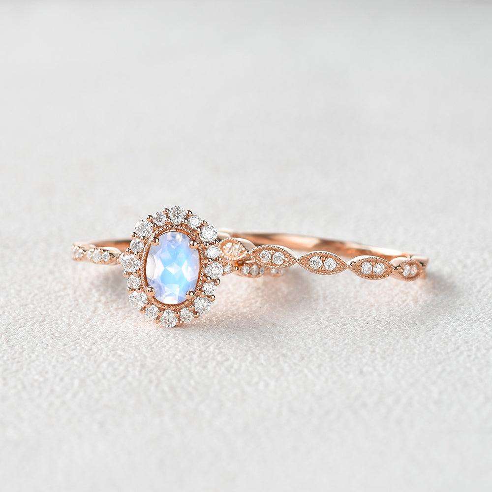 Felicegals Oval Cut Moonstone Art Deco Milgrain Ring Set 2pcs - Felicegals 丨Wedding ring 丨Fashion ring 丨Diamond ring 丨Gemstone ring--Felicegals