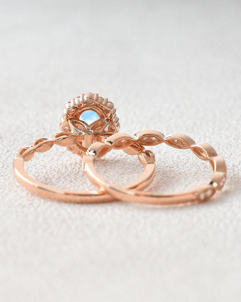 Felicegals Oval Cut Moonstone Art Deco Milgrain Ring Set 2pcs - Felicegals 丨Wedding ring 丨Fashion ring 丨Diamond ring 丨Gemstone ring--Felicegals