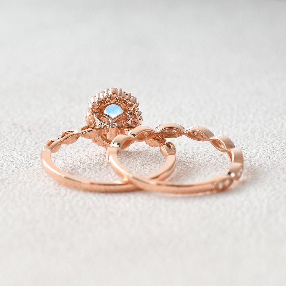 Felicegals Oval Cut Moonstone Art Deco Milgrain Ring Set 2pcs - Felicegals 丨Wedding ring 丨Fashion ring 丨Diamond ring 丨Gemstone ring--Felicegals