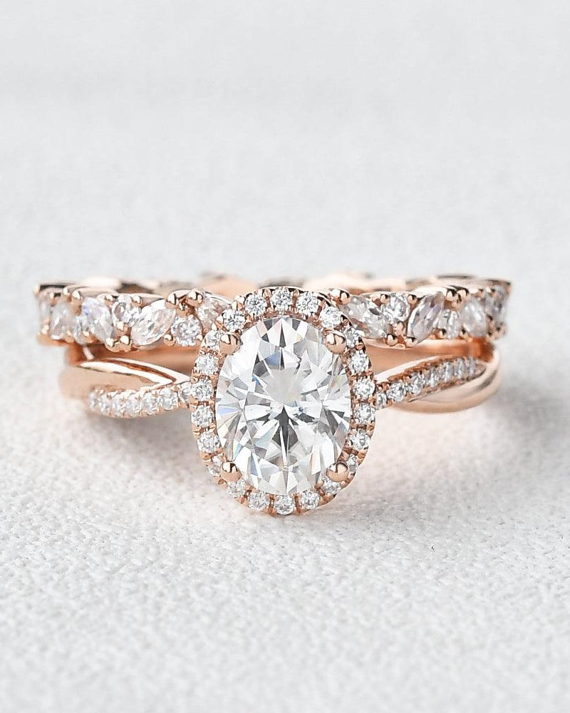 Oval 1.5ct Moissanite Halo Ring Set 2pcs - Felicegals