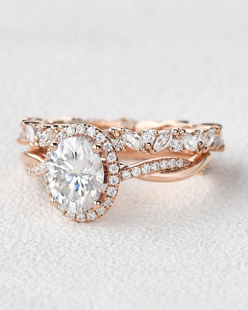 Oval 1.5ct Moissanite Halo Ring Set 2pcs - Felicegals