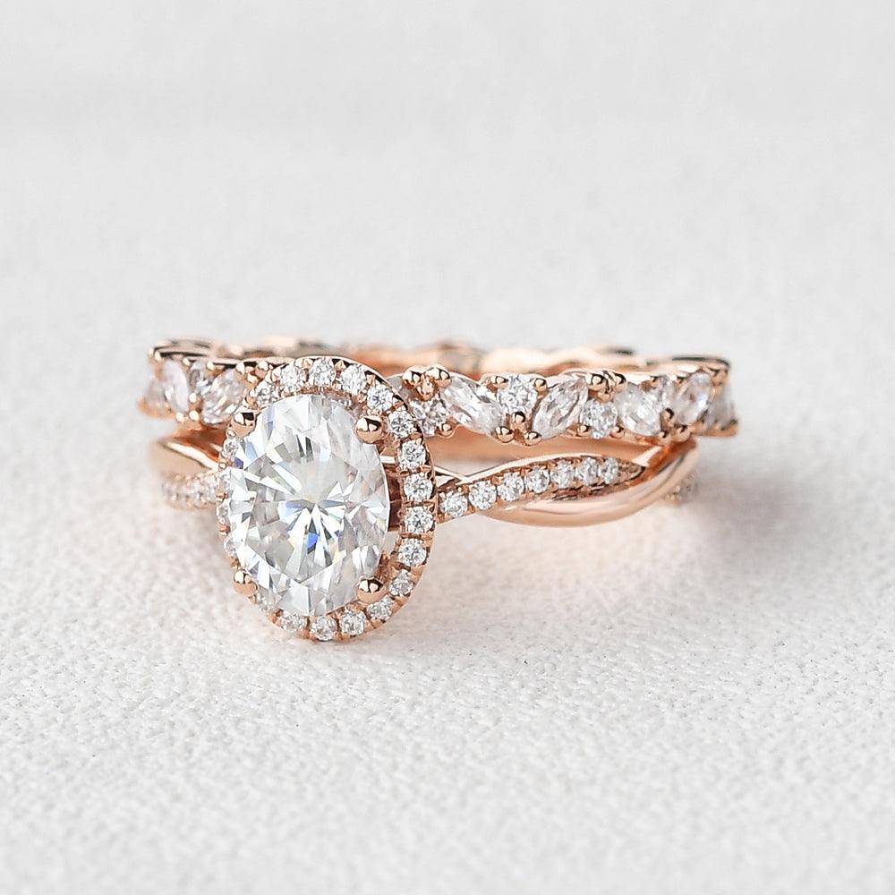 Oval 1.5ct Moissanite Halo Ring Set 2pcs - Felicegals